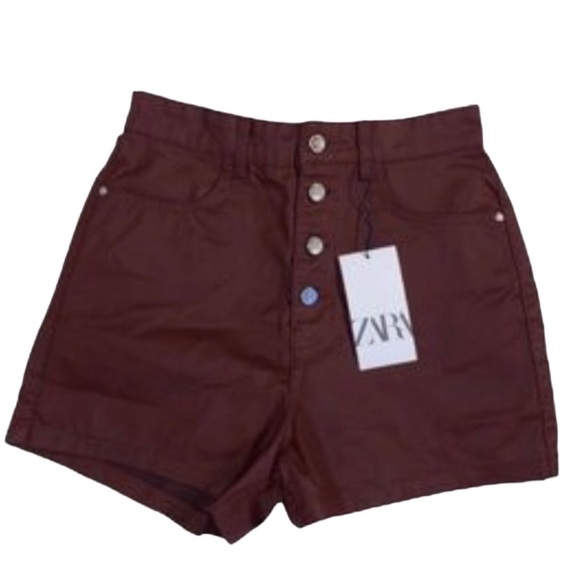 NEW Zara Blogger Burgundy Coated Mom Fit High Waisted Shorts - Picture 5 of 6